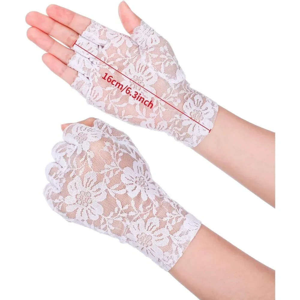 Women's White Floral Short Lace Gloves Sunblock Fingerless Bridal Opera Party